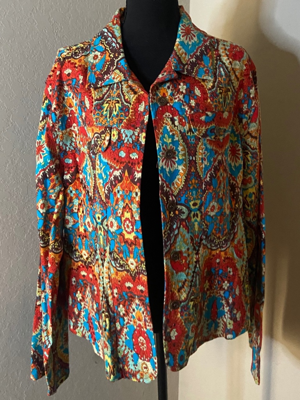 Gaudy Couture Vibrant Turquoise Orange Paisley Button Front Canvas Jacket 1X